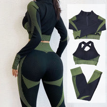 Load image into Gallery viewer, Yoga Sets Long Sleeve Shirt+Sport Bra+Seamless Leggings Workout Running Clothing Gym Wear