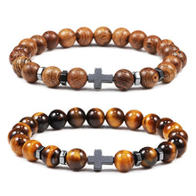 Load image into Gallery viewer, Prayer Men Natural Stone Wood Beads Rosary Hematite Cross Bracelets Onyx Meditation Bracelet Women Yoga Jewelry Homme Pulsera