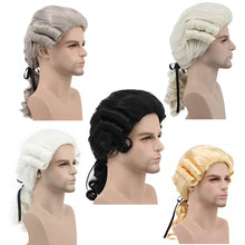 Load image into Gallery viewer, Grey White Black Lawyer Judge Baroque Curly Male Costume Wigs Deluxe Historical Long Synthetic Cosplay Wig For Halloween