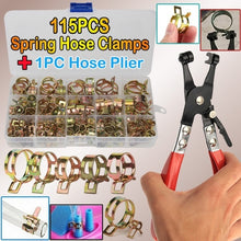 Load image into Gallery viewer, 115PCS Zinc Plated 6-22mm Spring Hose Clamps + 1PC Straight Throat Tube Clamp Band Clamp Metal Fastener Assortment Kit with Box
