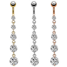 Load image into Gallery viewer, 7 Heart Crystals Long Dangled Belly Button Rings Surgical Steel Cute Navel Piercing Nombril 14g Cuved Bar Body Piercings Jewelry