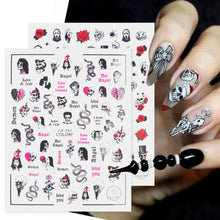 Load image into Gallery viewer, Halloween Anime Nails Stickers Terror Gothic Style Skull Black Snake Decals 3D New Year Sliders Manicure Decorations LECA725-732