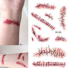 Load image into Gallery viewer, Halloween Terror Sticker Temporary Tattoo Stickers Non-toxic Long Lasting Terror Realistic Stitched Injuries Wounds Party Decor