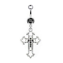Load image into Gallery viewer, Hollow Cross Dangle Belly Button Rings Navel Piercing Bar Clear Black CZs Belly Piercing Nombril Oreja Gothic Body Jewelry Punk