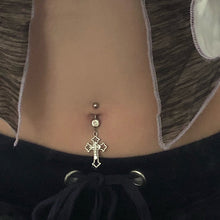 Load image into Gallery viewer, Hollow Cross Dangle Belly Button Rings Navel Piercing Bar Clear Black CZs Belly Piercing Nombril Oreja Gothic Body Jewelry Punk