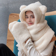 Load image into Gallery viewer, Lamb Velvet Hat Woman Winter Warm And Cold Hooded Scarf Gloves 3-in-1 Sets Female Cute Bear Ear Protection Cotton Cap With Ears