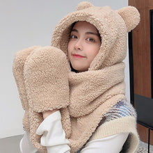 Load image into Gallery viewer, Lamb Velvet Hat Woman Winter Warm And Cold Hooded Scarf Gloves 3-in-1 Sets Female Cute Bear Ear Protection Cotton Cap With Ears