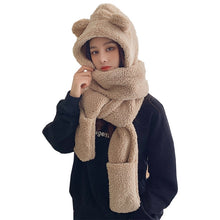 Load image into Gallery viewer, Lamb Velvet Hat Woman Winter Warm And Cold Hooded Scarf Gloves 3-in-1 Sets Female Cute Bear Ear Protection Cotton Cap With Ears