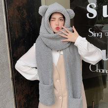 Load image into Gallery viewer, Lamb Velvet Hat Woman Winter Warm And Cold Hooded Scarf Gloves 3-in-1 Sets Female Cute Bear Ear Protection Cotton Cap With Ears