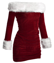 Load image into Gallery viewer, Women Sexy Slim Fit Strapless Xmas Mini Dress Red Velvet White Fur Christmas Costumes Adult Santa Claus Cosplay Costume