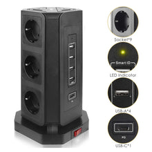 Load image into Gallery viewer, Multiple Vertical Power Strip EU Electrical Plug Outlet 9 Way Socket Tower USB-C Ports 2m Cable Surge Short Circuit Protection