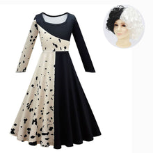 Load image into Gallery viewer, Movie Cruella De Vil Cosplay Costumes Kids Gown Black White Maid Dress Halloween Party Dress with Cloak Wig