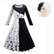 Load image into Gallery viewer, Movie Cruella De Vil Cosplay Costumes Kids Gown Black White Maid Dress Halloween Party Dress with Cloak Wig