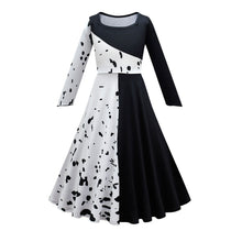 Load image into Gallery viewer, Movie Cruella De Vil Cosplay Costumes Kids Gown Black White Maid Dress Halloween Party Dress with Cloak Wig