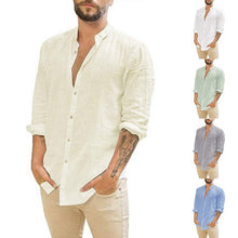 Load image into Gallery viewer, Men's New Linen Cardigan Solid Color Casual Stand Collar Long Sleeve Shirt