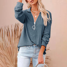 Load image into Gallery viewer, Women's Casual Solid Color Loose Zip V-neck Long Sleeve Large Size Loose Thread T-shirt