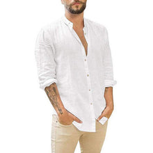 Load image into Gallery viewer, Men's New Linen Cardigan Solid Color Casual Stand Collar Long Sleeve Shirt