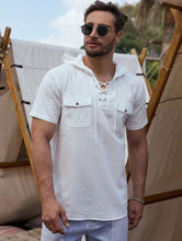 Load image into Gallery viewer, Cotton and Linen Short-Sleeved Shirt Cross-Border Double-Pocket Workwear Hooded Solid Color Shirt for Men
