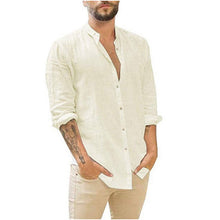 Load image into Gallery viewer, Men's New Linen Cardigan Solid Color Casual Stand Collar Long Sleeve Shirt