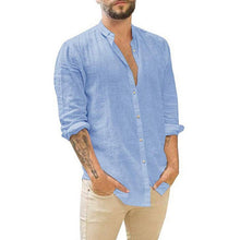 Load image into Gallery viewer, Men's New Linen Cardigan Solid Color Casual Stand Collar Long Sleeve Shirt