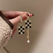 Load image into Gallery viewer, Silver Needle Pearl Diamond Asymmetric Geometric Alphabet Letter Earrings Fashion Trendy Design Tassel Ear Studs Graceful Earrings