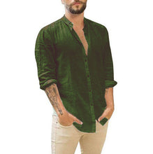 Load image into Gallery viewer, Men's New Linen Cardigan Solid Color Casual Stand Collar Long Sleeve Shirt