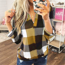 Load image into Gallery viewer, Top Spring and Autumn Shirt Women's Plaid Printed V-neck Middle Long Sleeve Tops Shirt