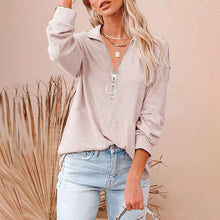Load image into Gallery viewer, Women's Casual Solid Color Loose Zip V-neck Long Sleeve Large Size Loose Thread T-shirt