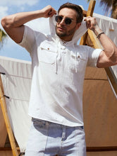 Load image into Gallery viewer, Cotton and Linen Short-Sleeved Shirt Cross-Border Double-Pocket Workwear Hooded Solid Color Shirt for Men