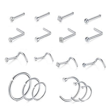 Load image into Gallery viewer, Stainless Steel Nose Stud 18-Piece Suit Puncture Nose Ring S-Shaped L-Shaped Titanium Ornament Men and Women