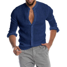 Load image into Gallery viewer, Linen Stand Collar Long Sleeve Men's Cardigan Shirt for Men