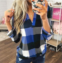 Load image into Gallery viewer, Top Spring and Autumn Shirt Women's Plaid Printed V-neck Middle Long Sleeve Tops Shirt
