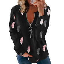 Load image into Gallery viewer, Autumn and Winter V-neck Zipper Feather Printed Long Sleeve Loose T-shirt for Women