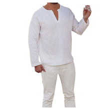 Load image into Gallery viewer, Autumn New Men's Cotton and Linen Solid Color Pullover V-neck Long Sleeve Men's Shirt