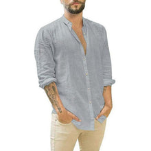 Load image into Gallery viewer, Men's New Linen Cardigan Solid Color Casual Stand Collar Long Sleeve Shirt