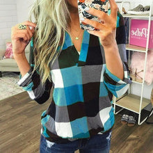 Load image into Gallery viewer, Top Spring and Autumn Shirt Women's Plaid Printed V-neck Middle Long Sleeve Tops Shirt