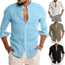 Load image into Gallery viewer, Linen Stand Collar Long Sleeve Men's Cardigan Shirt for Men
