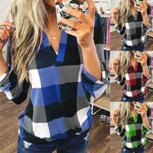 Load image into Gallery viewer, Top Spring and Autumn Shirt Women's Plaid Printed V-neck Middle Long Sleeve Tops Shirt