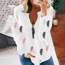 Load image into Gallery viewer, Autumn and Winter V-neck Zipper Feather Printed Long Sleeve Loose T-shirt for Women