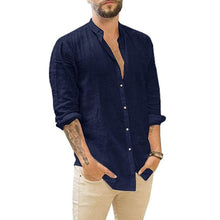 Load image into Gallery viewer, Men's New Linen Cardigan Solid Color Casual Stand Collar Long Sleeve Shirt