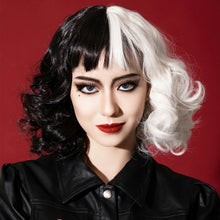 Load image into Gallery viewer, Wig Black and White Witch Kuila Cos Wig Female Half Black Half White Short Roll Full-Head Wig