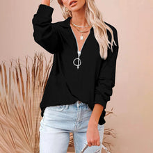 Load image into Gallery viewer, Women's Casual Solid Color Loose Zip V-neck Long Sleeve Large Size Loose Thread T-shirt