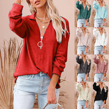 Load image into Gallery viewer, Women's Casual Solid Color Loose Zip V-neck Long Sleeve Large Size Loose Thread T-shirt