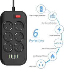 Load image into Gallery viewer, Power Strip, 6 Outlets 4 USB Charging Ports 2500W Power Strip Flat Plug, 2M Extension Cord, for Home, Office, Computer, TV