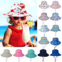 Load image into Gallery viewer, Summer Outdoor UV Protection Bucket Hat for Baby Kids Wide Brim Beach Sun Hat Adjustable Chin Strap Cap for 0-8 Years Girl Boy