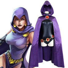 Load image into Gallery viewer, Teen Titans Super Hero Raven Cosplay Costume Women Black Bodysuit Purple Hooded Cloak Jumpsuits Halloween Party Costume