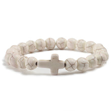 Load image into Gallery viewer, Trendy Jesus Cross Charm Blue Turquoises Men Bracelet Black Lava Stone 8mm White Beads Bracelets Bangles for Women Yoga Jewelry