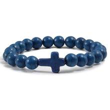 Load image into Gallery viewer, Trendy Jesus Cross Charm Blue Turquoises Men Bracelet Black Lava Stone 8mm White Beads Bracelets Bangles for Women Yoga Jewelry