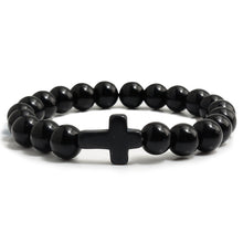 Load image into Gallery viewer, Trendy Jesus Cross Charm Blue Turquoises Men Bracelet Black Lava Stone 8mm White Beads Bracelets Bangles for Women Yoga Jewelry