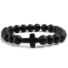 Load image into Gallery viewer, Trendy Jesus Cross Charm Blue Turquoises Men Bracelet Black Lava Stone 8mm White Beads Bracelets Bangles for Women Yoga Jewelry